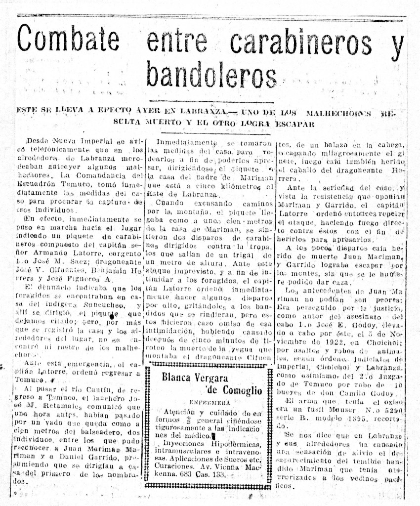 Archivo del Periódico donde se relata la historia de Juan Mariman Mariman